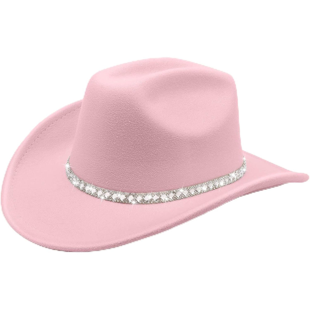DRESHOW Western Cowboy Hat for Women and Men Wide Brim Glitter Cowboy Cowgirl Hat with Rhinestone Felt Fedora Hats 1 Pack Style 10: Light Pink