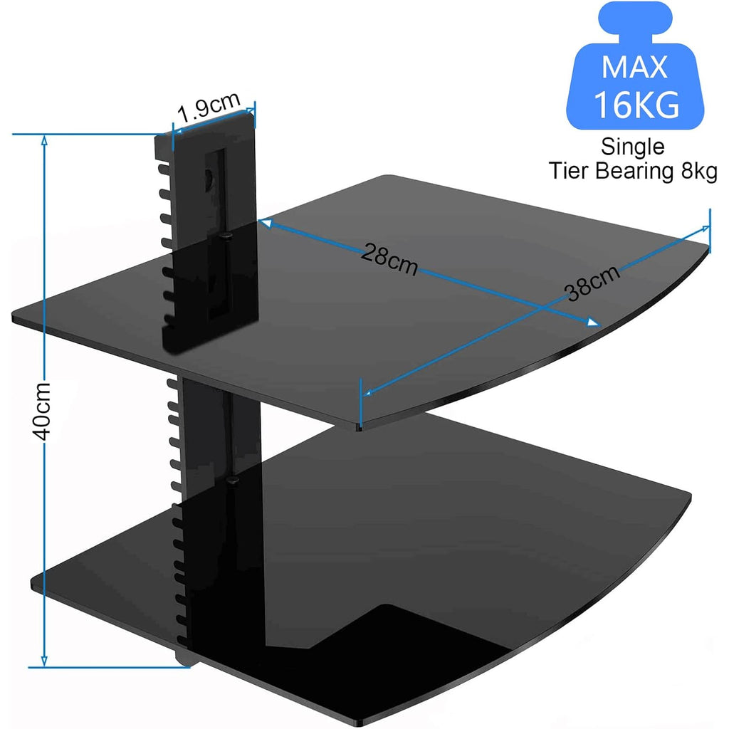 Suptek Glass Floating Shelves, Tv Wall Mount With Shelf For Dvd Player / Ps4 / Cable Boxes/Game Consoles/Sky Box/Tv Accessories, Flat Black 2-Tier Wall Mount Bracket