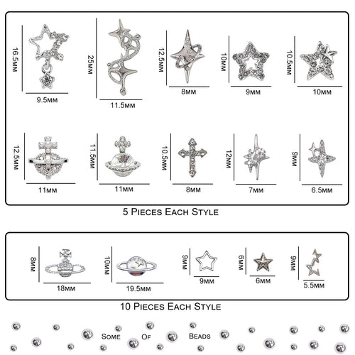 120+ Pcs Star Nail Charms Inlaid Rhinestones Gems, Silver Star Planet Cross Nail Art Decorations Shiny Jewelry for Acrylic Nail Accessories for Women Girl Manicure DlY Crafts Supplies