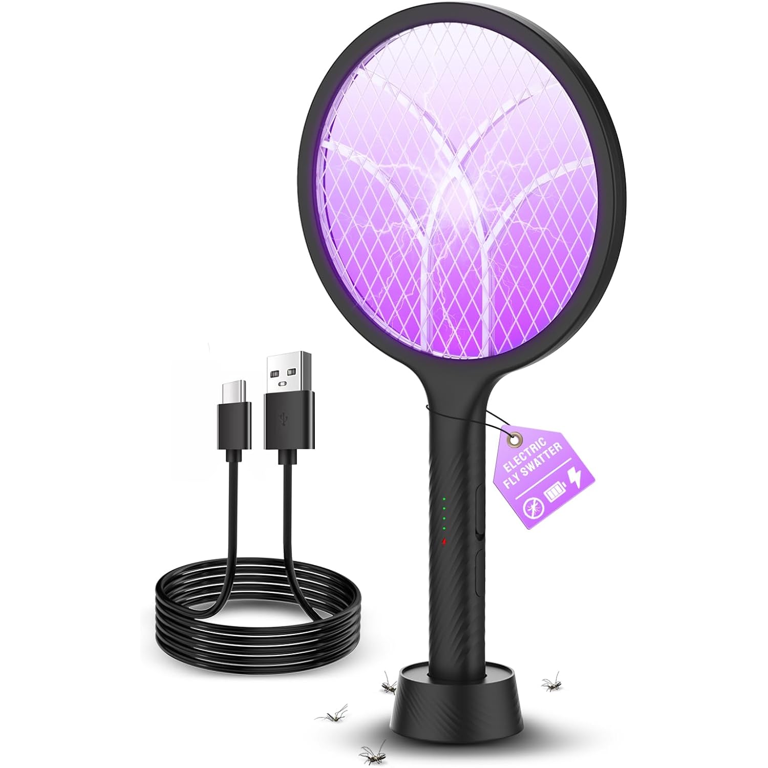 Mosiller Electric Fly Swatter Racket, 4000V Bug Zapper With 1800Mah & Dual Modes, 2 In 1 Rechargeable Purple Mosquito Light Killer With 3-Layer Safety Mesh For Indoor Home Patio Camping Office(1 Pack)