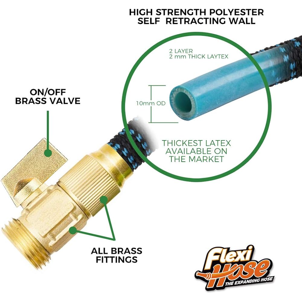 Flexi Hose Expandable Garden Hose With 8 Function Nozzle, 50Ft - Lightweight Retractable Garden Hose, Water Hose - No-Kink Flexibility, 3/4 Inch Solid Brass Fittings And Double Latex Core
