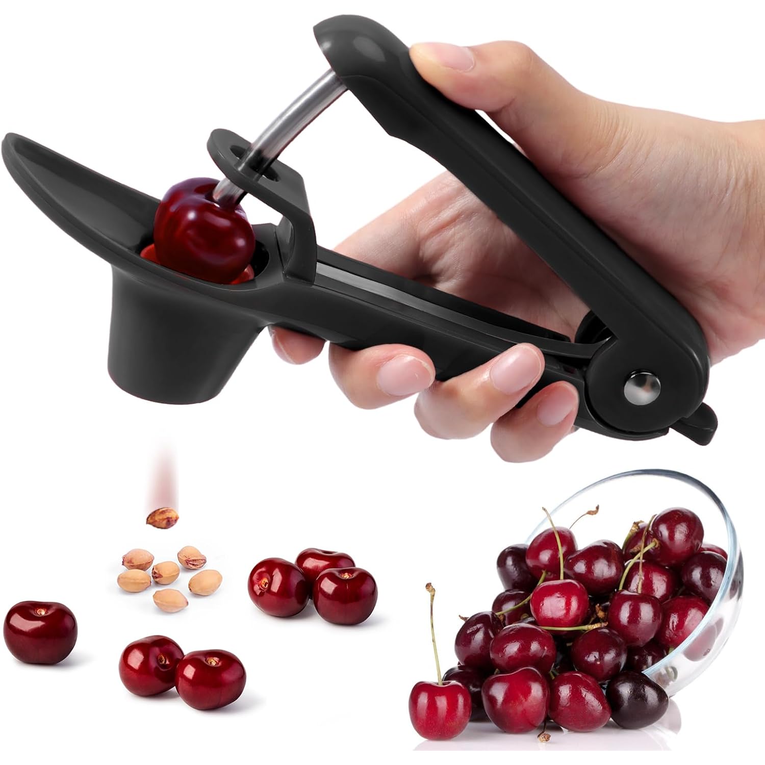Schvubenr Cherry Pitter Tool - Stainless Steel Cherry Corer Pitter With Ergonomic Push Design - Easy To Use For Making Cherry Jam - Pit Cherry With Ease, Saving Time & Space With Lock Design(Black)