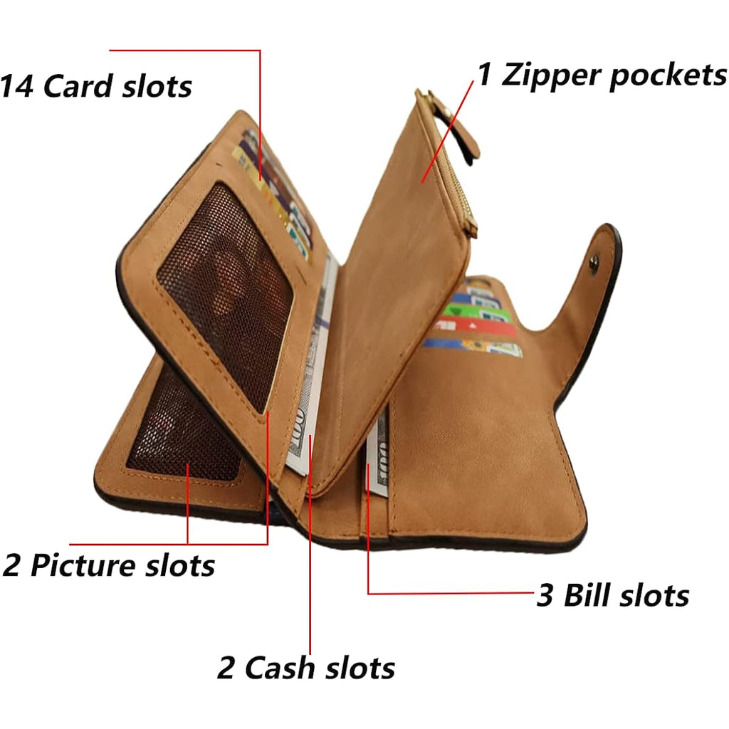 Womens Long Leather Wallet, RFID Blocking Leather Pocket Wallet Ladies Mini Purse with ID Window