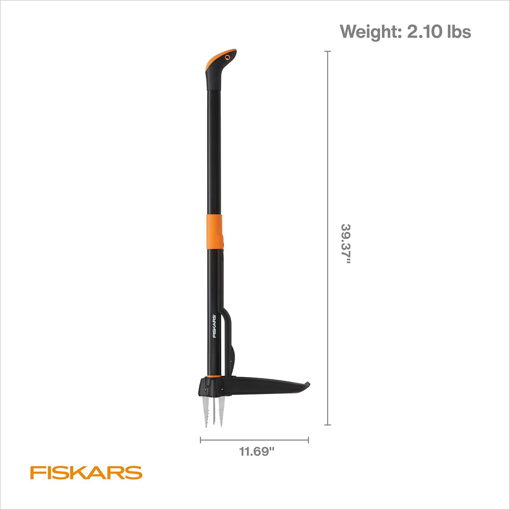Fiskars Stand-Up Weed Puller Tool, 4 Serrated Stainless Steel Claws Grip Roots For Permanent Removal, Reinforced Foot Platform Penetrates Tough Soil, Easy-Eject & Ergonomic Offset Handle, 39"