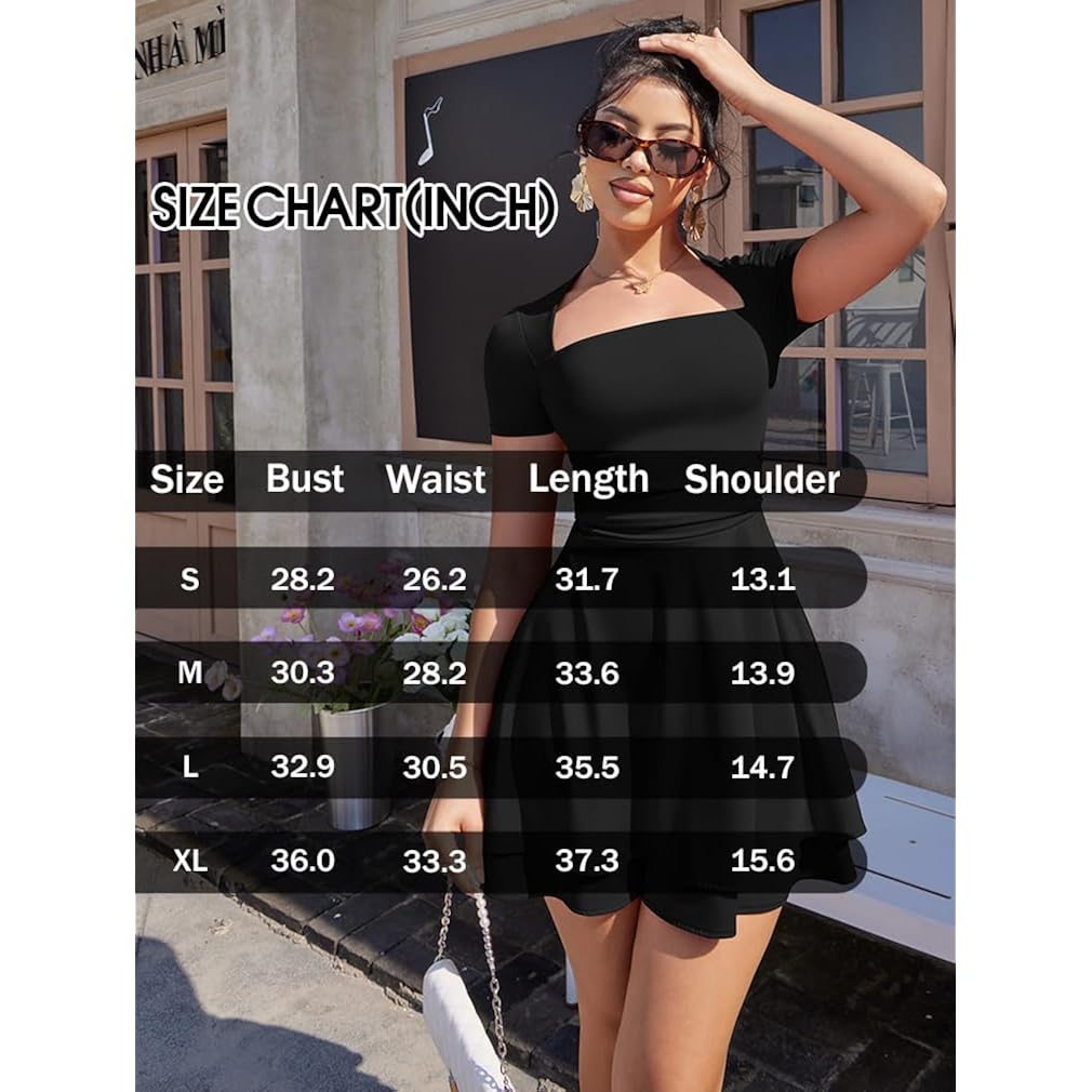 Women's Sexy Square Neck Short Sleeve Ruched Tiered Ruffle Hem Flowy Club Party Mini Dress