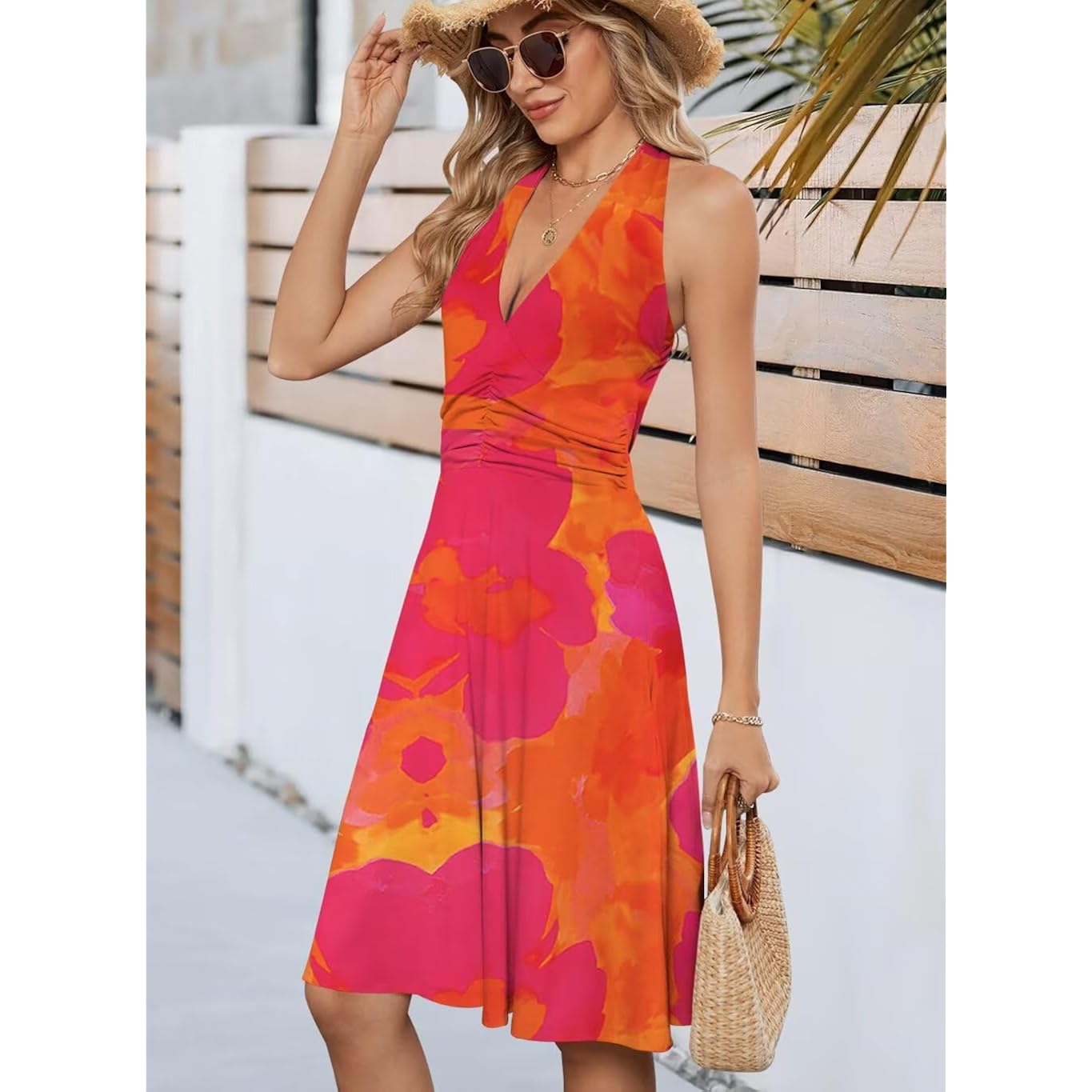 Wkior Womens Sundress Summer Beach Vacation Sleeveless Halter Neck A-Line 2026 Boho Floral Midi Dress With Pockets