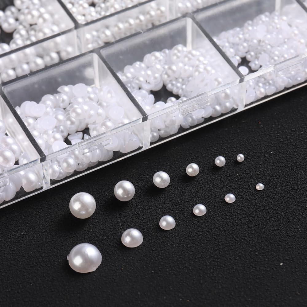 Multi Sizes Round and Half Round Pearls 3D Nail Charms, White Flatback Pearls Nail Jewelry for Women Girls Manicure Nails Supplies DIY Crafts Decorations……