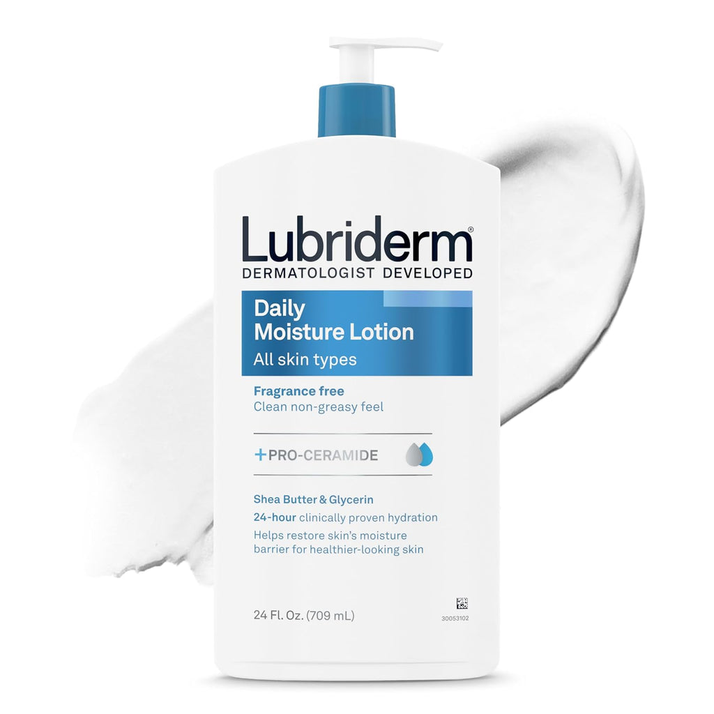 Lubriderm Fragrance Free Daily Moisture Body Lotion + Pro-Ceramide, Unscented Lotion, Body Lotion For Dry Skin, Shea Butter, Glycerin, Non-Greasy 24-Hour Moisturizer, Paraben & Dye Free, 24 Fl Oz