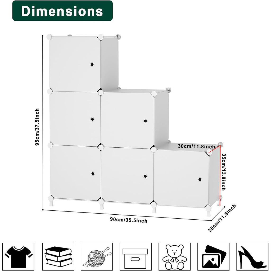 Cube Storage Organizer, 6-Cube Shelves Unit With Doors, Diy Stackable Plastic Clothes Organizer For Bedroom And Under Stairs Storage Unit, Each Compartment 30 X 30 X 30 Cm White