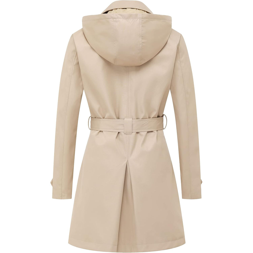 Women'S Trench Coat Double-Breasted Classic Lapel Overcoat Belted Slim Outerwear Coat With Detachable Hood