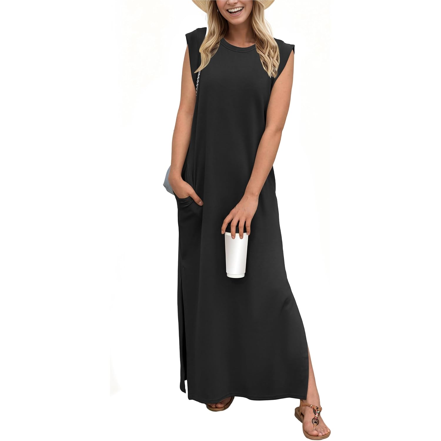 Grecerelle 2026 Women Year-Round Casual Round Neck Loose Split Wrinkle-Free Long Maxi Vacation Dress With Pockets (Xxs-4Xl)