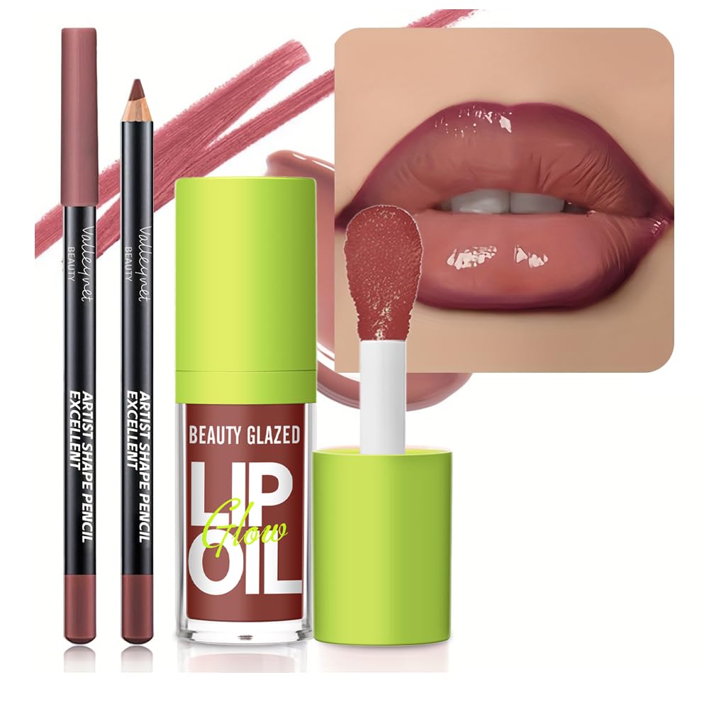 2Pcs Lip Gloss & Lip Liner Set – Cocoa Brown, 90S Ombre Lips, Retro Gradient Lip, Plumping Effect, Full Volume Lips, High Shine Gloss, Viral Lip Combo, Fuller Looking Lips Glassy Lip (#V04+107)