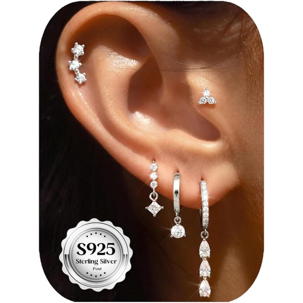 MILACOLATO 5Pairs 925 Sterling Silver Earrings for Women - 14K Gold Plated Stud Huggie Hoop Earrings Sets for Multiple Piercing, Hypoallergenic CZ Pearl Cartilage Earrings Stacks Trendy Jewelry