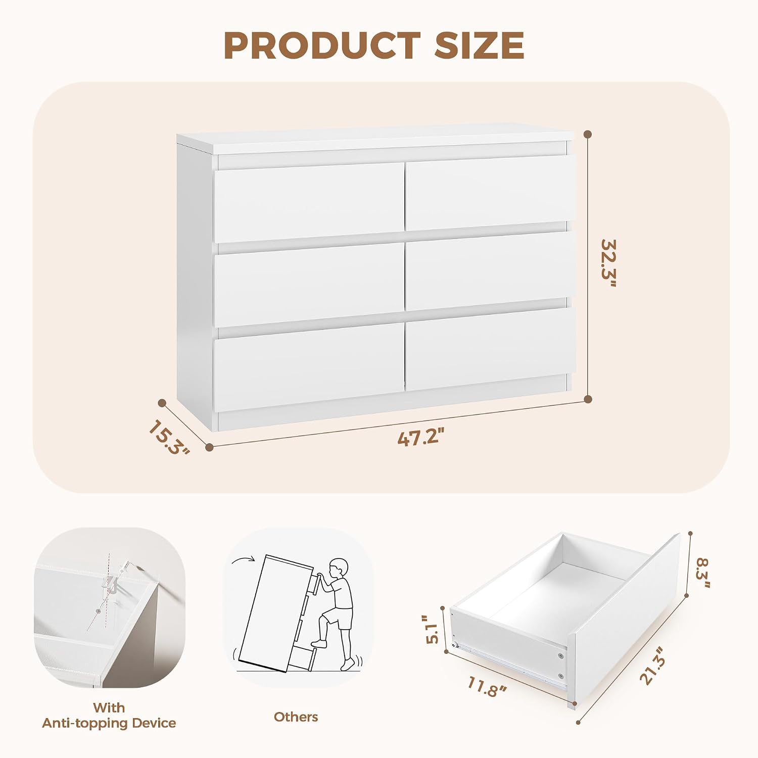 6 Drawer Double Dresser For Bedroom, Modern Simply Chest Of Drawers, Wood Storage Dresser With Anti-Tipping For Living Room Hallway Entryway, Nursy White (15.3" D X 47.2" W X 32.3" H)