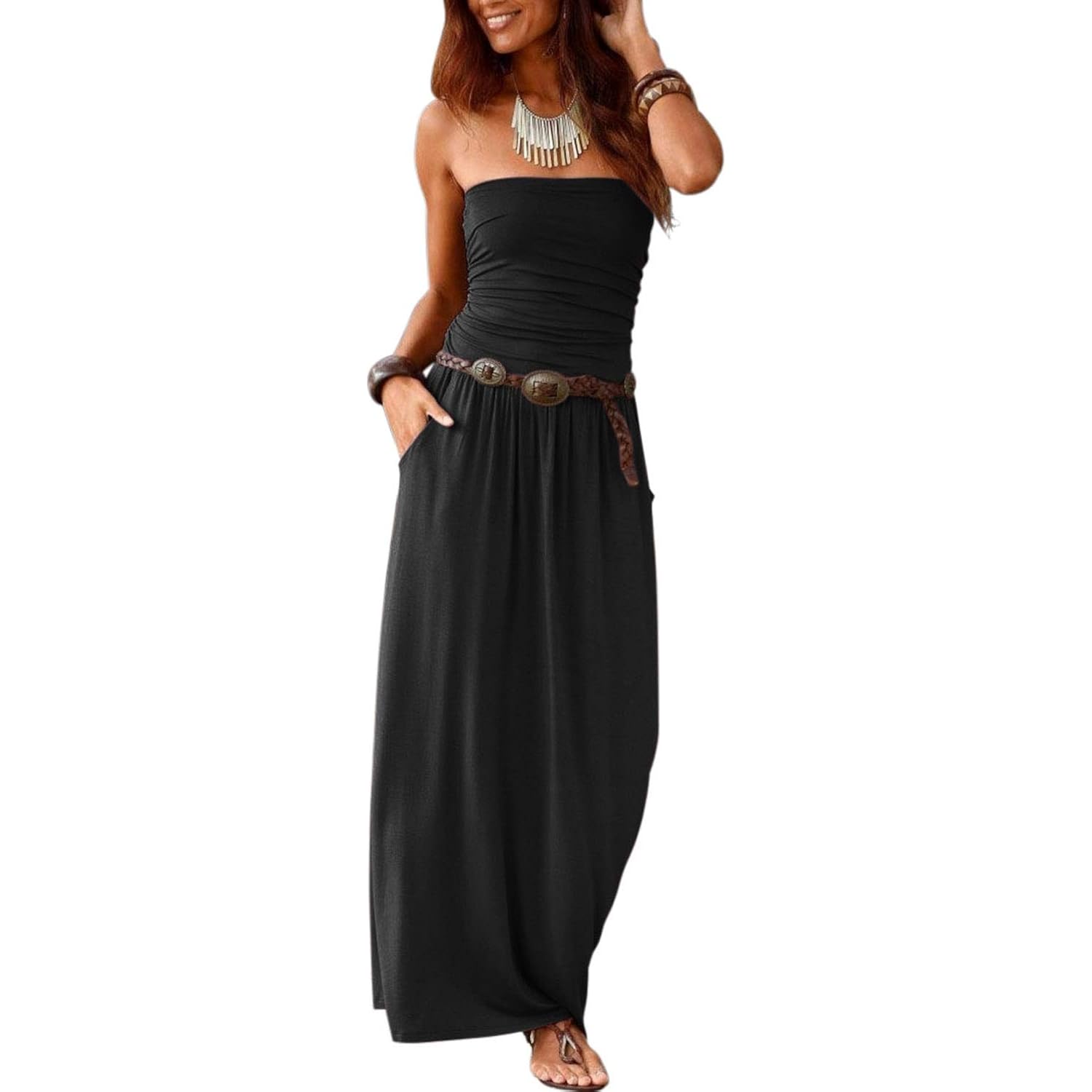 Alaster Queen Women’S Strapless Bandeau Summer Long Floral Dress Off Shoulder Beach Maxi Dress With Pockets