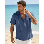 Men'S Cotton Linen Shirts Short Sleeve Casual Button Down Hoodies Summer Hawaiian Beach Top With Drawstring