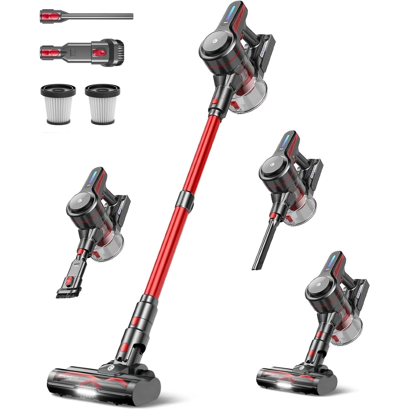 Chebio Lightweight Cordless Vacuum Cleaners For Home, Stick Vacuum Cordless Rechargeable With 45Kpa Suction,45-Min Run,Anti-Tangle And Self-Stand, 6 In 1 Hardwood Vacuum Cleaner (Red)