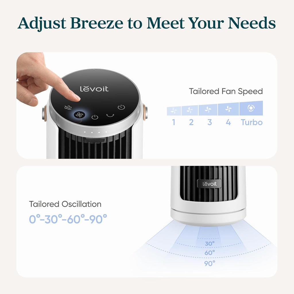 Levoit Tower Fan For Bedroom, 20Db Quiet Desk Fan, Portable Fan With 23Ft/S | 3 Angles 4 Speeds Mini Oscillating Fan, Dc Motor, Bladeless, Easy To Carry, Remoter, 12H Timer, For Home, Room, Office, White