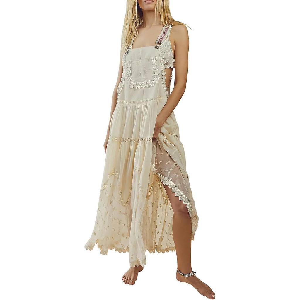 Ebossy Women'S Laced Embroidered Tulle Bib Dress Casual Loose Adjustable Straps Maxi Dress