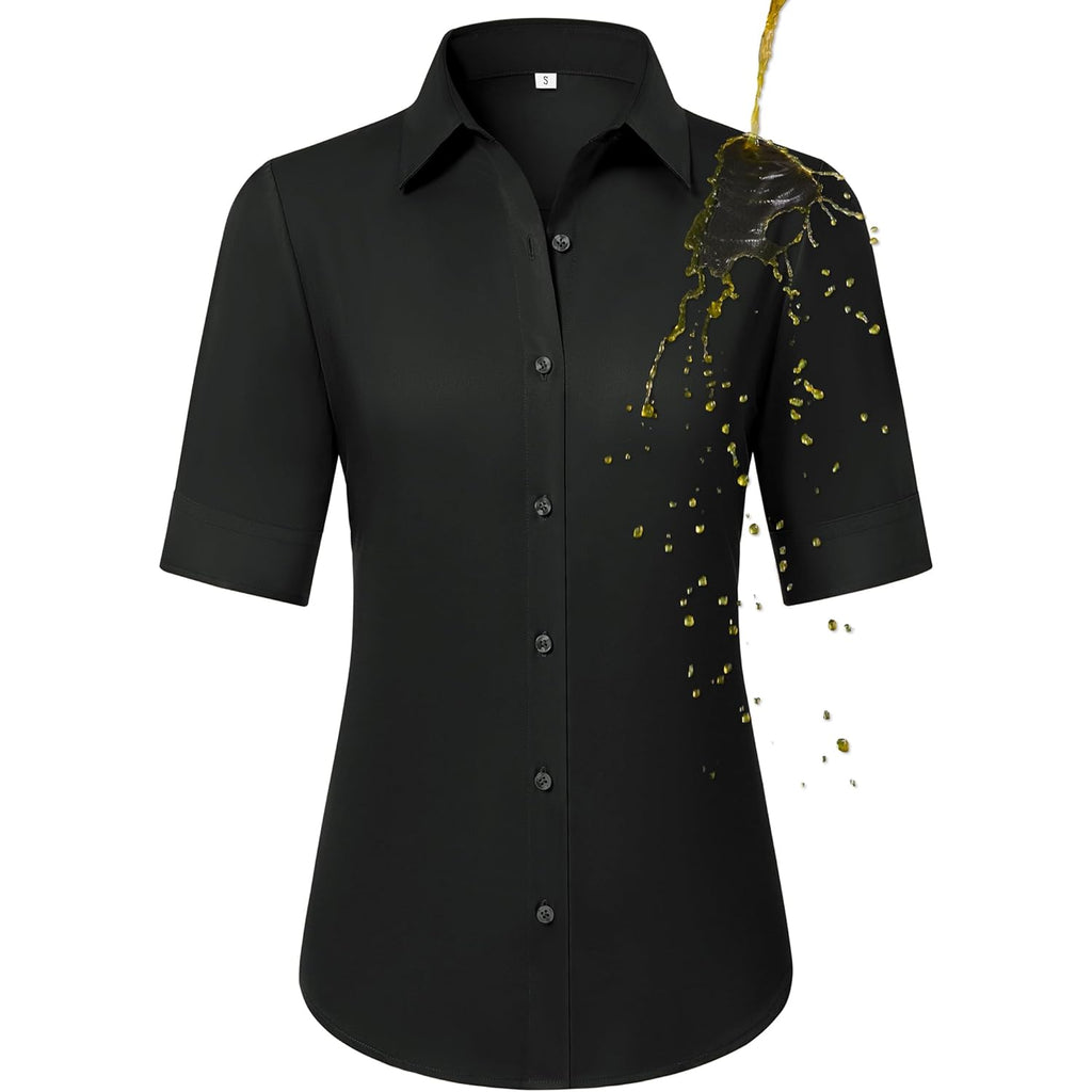 Button Down Shirts for Women Fitted Short Sleeve Dress Shirt Collared Blouses Work Tops Wrinkle Free