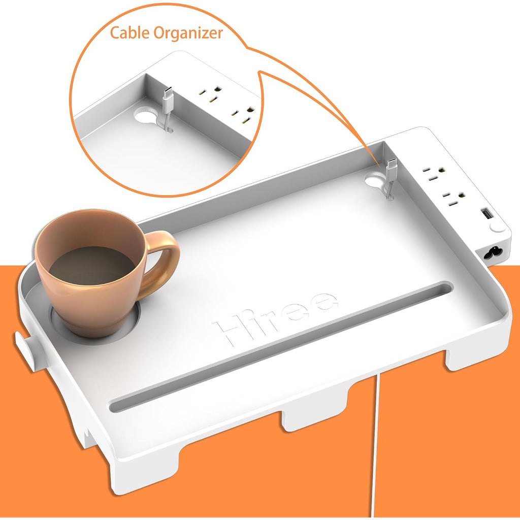 Hiree Bedside Shelf For Dorm Bunk Bed With Usb Charging Port And 2 Ac Outlets, Bedside Caddy, Bunk Bed Extender, Attachable Bedside Table, College Dorm Essential Clip On Bedside Tray, Plus Size, White