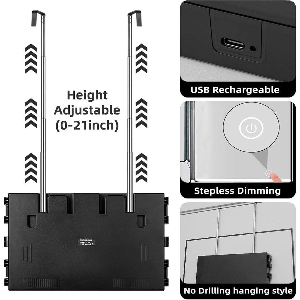 Vanexiss Rechargeable 3 Way Mirror For Self Hair Cutting-To See Back Of Head, Trifold Mirror With 8 Light Strips & Telescoping Hooks For Makeup, Shaving & Styling