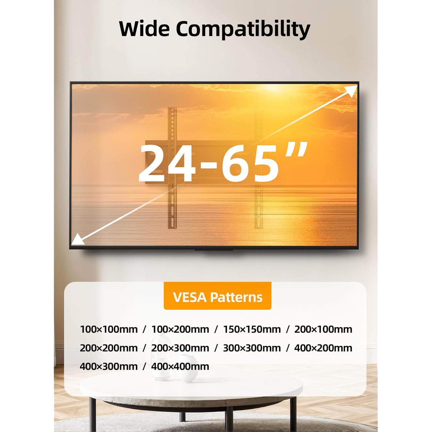 43 50 55 Inch Fixed Low Profile Tv Wall Mount For 24-65 Inch Led/Lcd & Flat/Curved Tvs, Universal Wall Mount Bracket With Safe Lock, Max Vesa 400X400Mm, Up To 99Lbs & 16 '' Stud