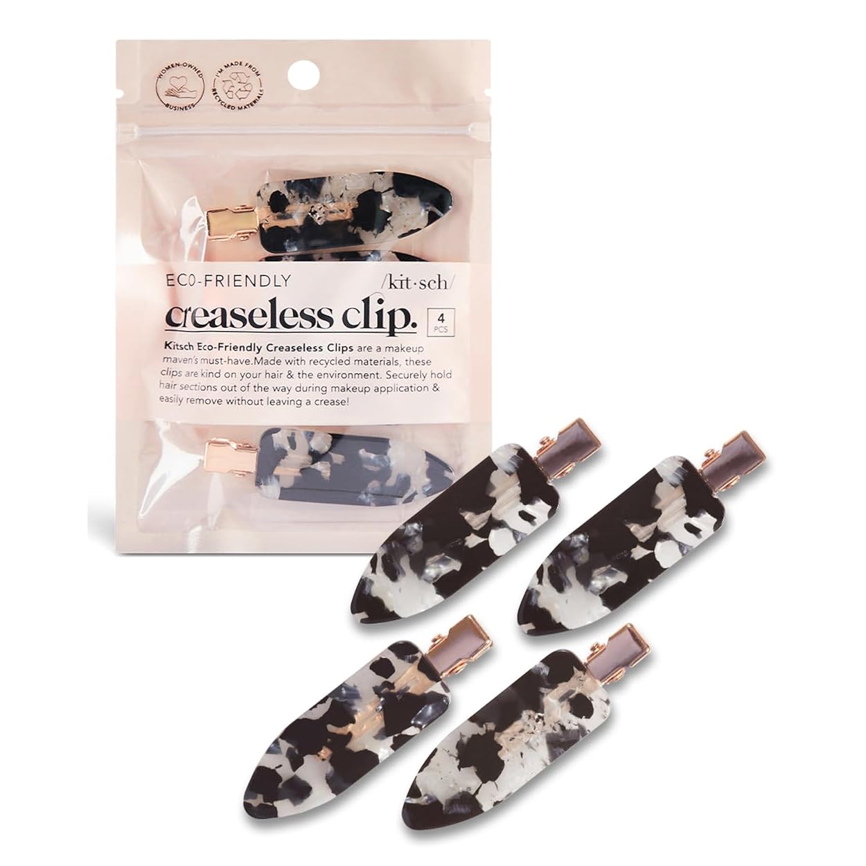 Kitsch Creaseless Hair Clips For Women - No Crease, No Bend Hair Clips For Styling, Bangs, Makeup Application, Face Wash | Recycled Acrylic - Black Terrazzo, 4Pcs