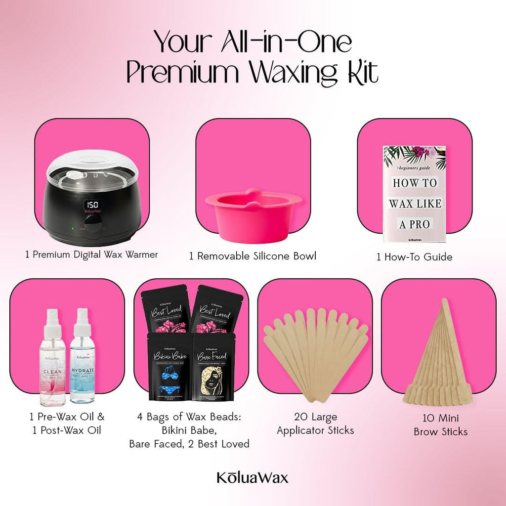 KoluaWax Premium Waxing Kit for Women & Men - Beginner Friendly - Complete Wax Kit that includes 14oz of Wax Beads, Applicator, Pre and Post Care, Suitable for Sensitive Skin (Black)