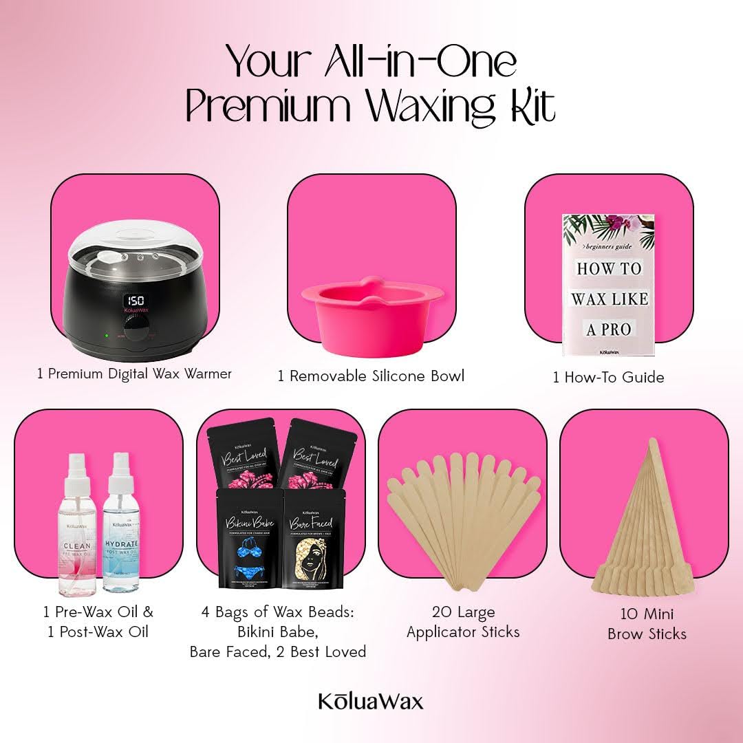 KoluaWax Premium Waxing Kit for Women & Men - Beginner Friendly - Complete Wax Kit that includes 14oz of Wax Beads, Applicator, Pre and Post Care, Suitable for Sensitive Skin (Black)