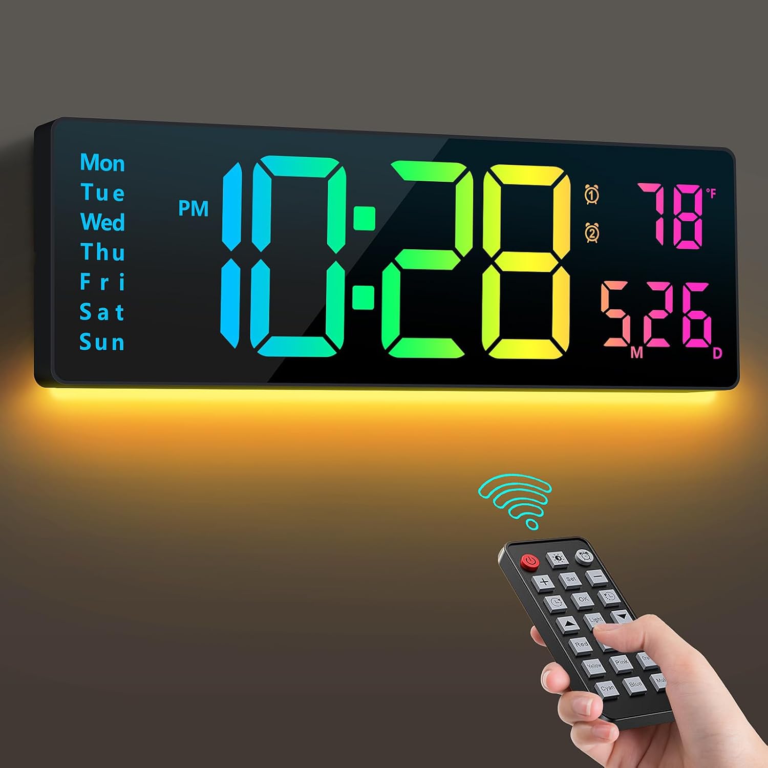 Digital Wall Clock 16", Wall Clocks With 11 Rgb Colors, Alarm Clock With Night Lights, Large Digital Clock For Living Room Bedroom Office Classroom Decor, Auto Dst, Temperature, Remote Control