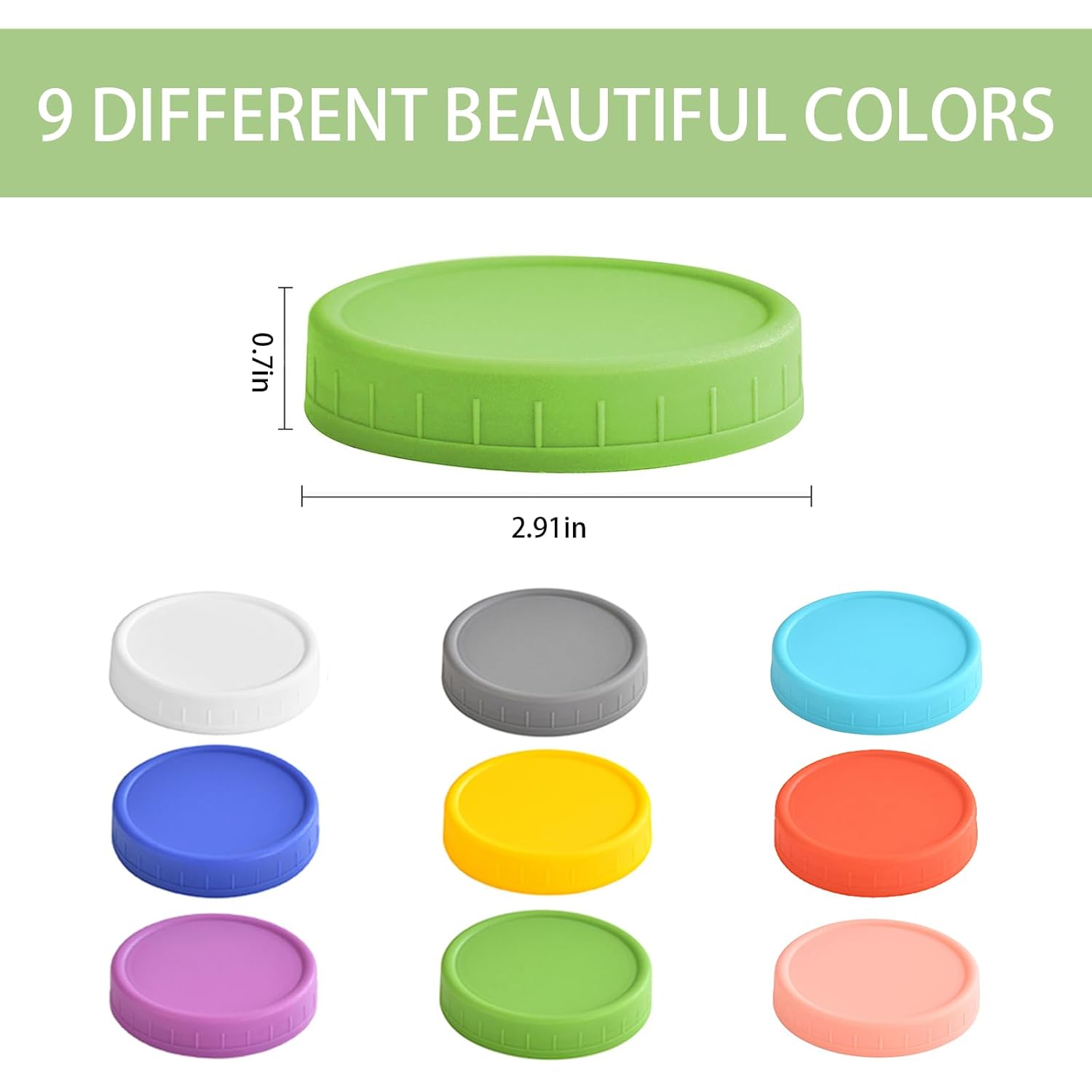 9 Pack Regular Mouth Mason Jar Lids - 70mm Colored Plastic Mason Lids with Silicone Rings and Removable Labels for Ball, Kerr and More, Thickened & Leak-proof, Dishwasher Safe, Reusable Canning Lids