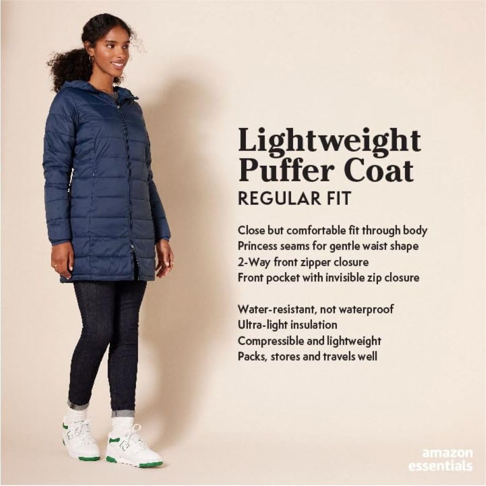 Amazon Essentials Womens Lightweight Water-Resistant Packable Hooded Puffer Coat (Available In Plus Size)