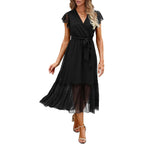 Btfbm Women Summer Bohemian Floral Casual Wrap V Neck Ruffle Cap Sleeveless Belt A-Line Pleated Hem Midi Sun Dress White