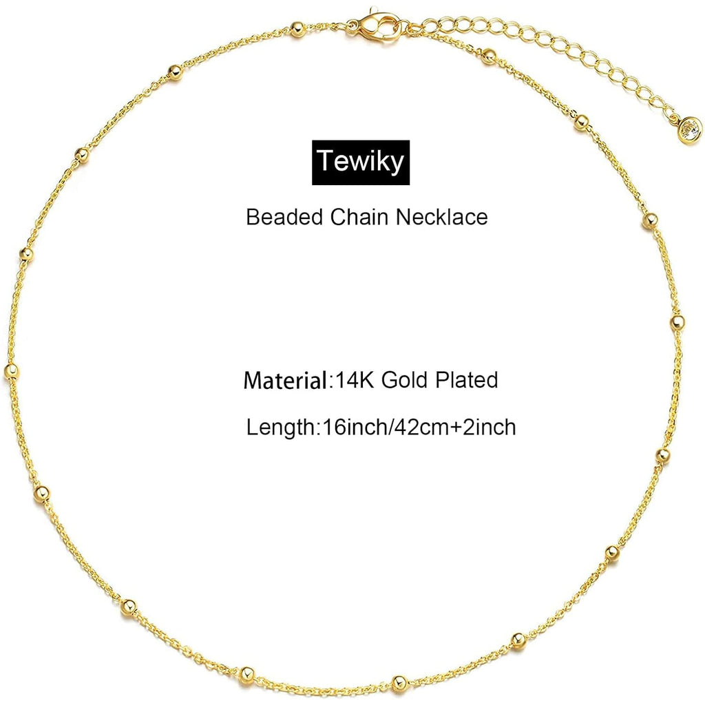 Tewiky Gold Chain Necklace for Women, 14k Gold Plated Thin Beaded Wave Box Chain Necklace Dainty Gold Necklace Simple Layered Gold Choker Necklaces Minimalist Gold Link Chain Necklace Trendy Jewelry for Women