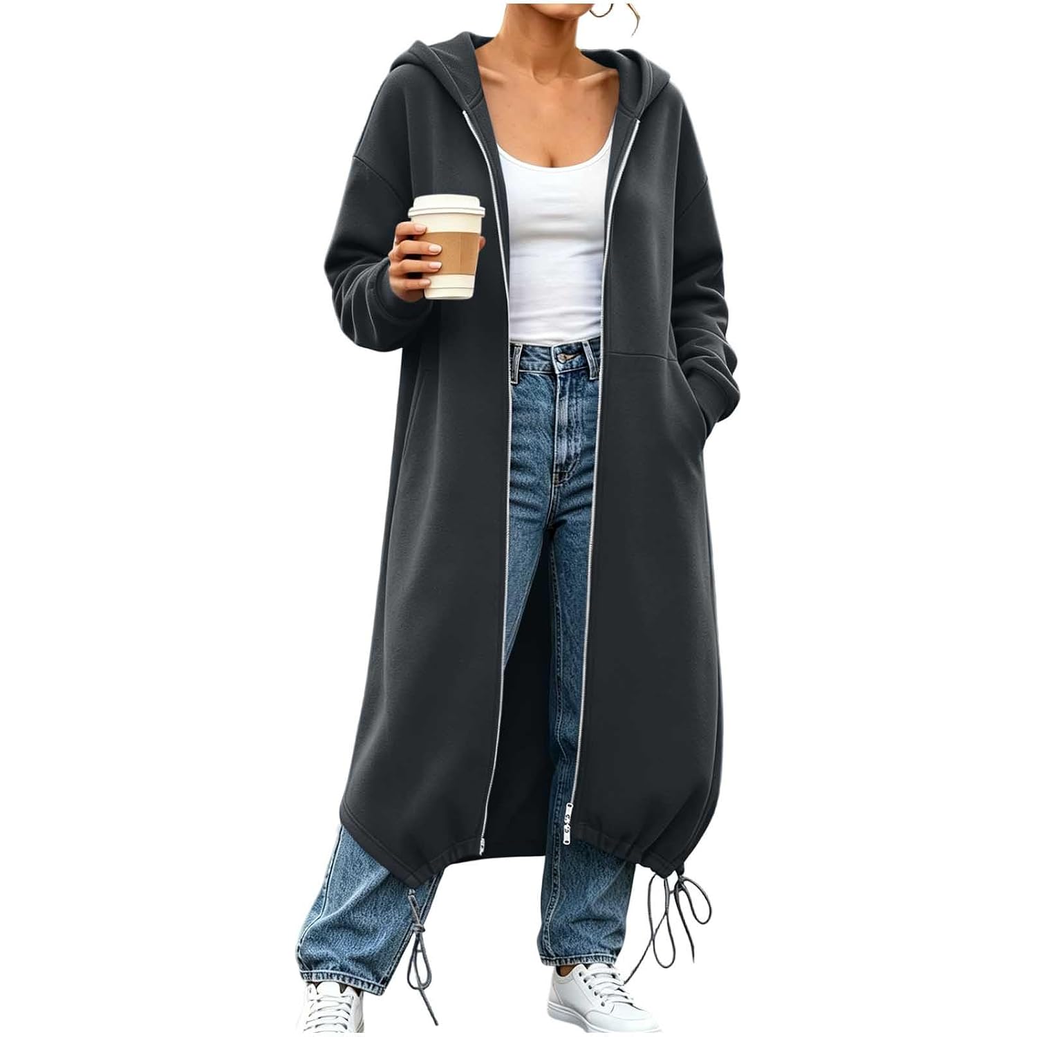 Womens Zip Up Hoodies Y2K Long Tunic Sweatshirts Casual Long Sleeve 2026 Fall Hoodie Jacket Coat With Pockets