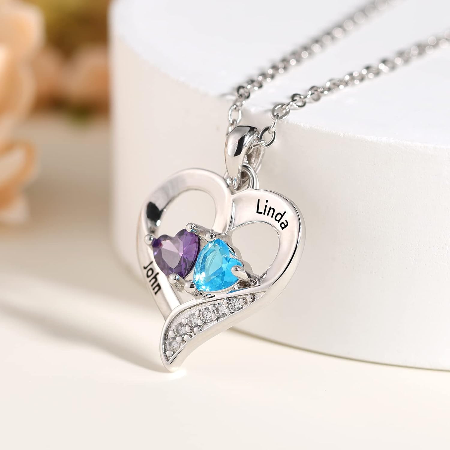 Lam Hub Fong Personalized Birthstone Necklace for Mom - Custom Name Necklace with Heart Pendant - Sterling Silver Family Jewelry Gifts for Women, Grandma, Daughter - Mothers Day Birthday Gifts