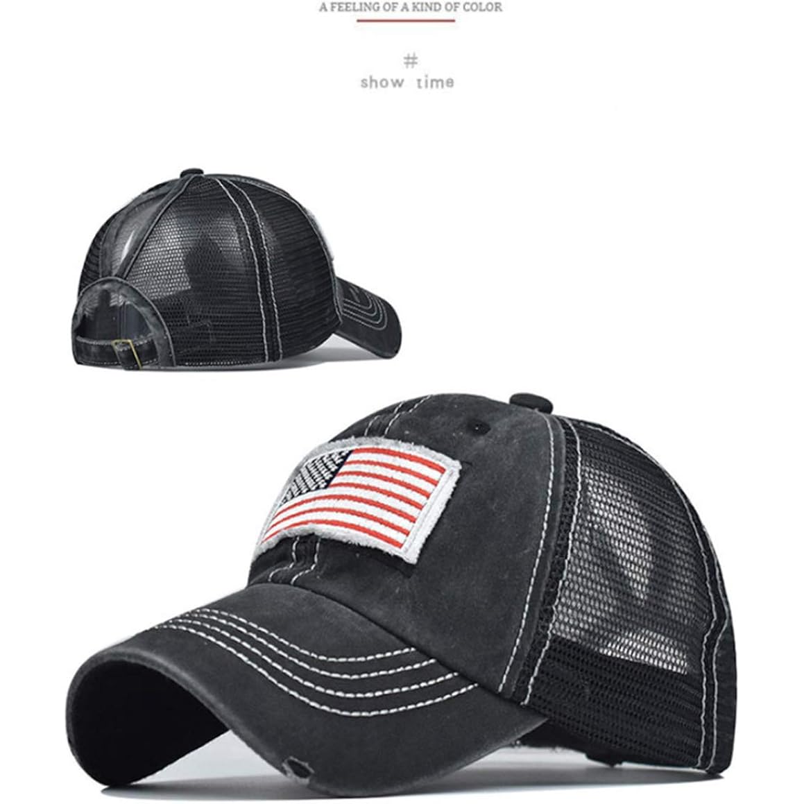 IZUS Women's American-Flag Baseball-Caps Distressed-Brim Washed-Cotton High-Ponytail Mesh-Back Dad-Trucker-Hat Black (54-60cm)
