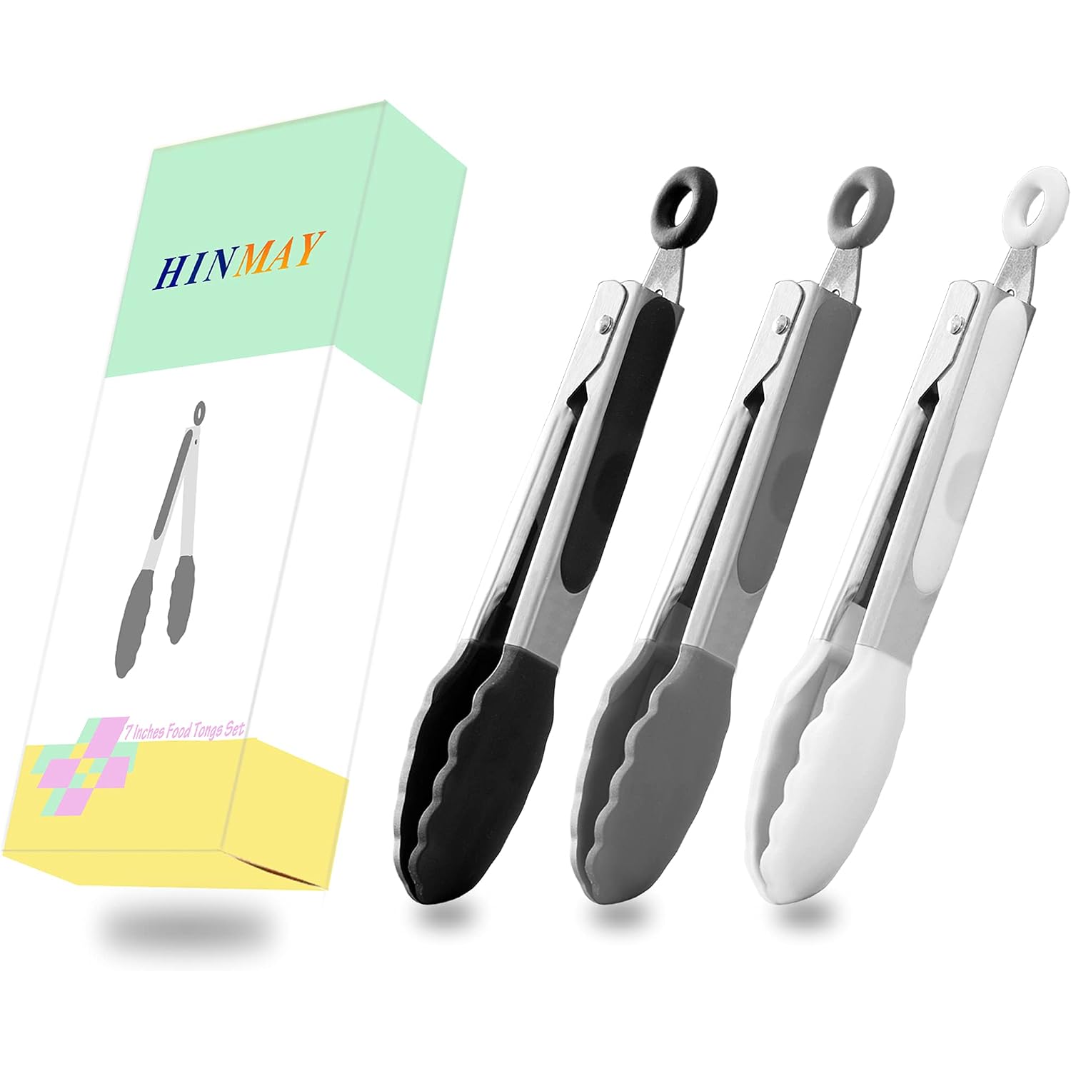 Hinmay Small Silicone Tongs 7-Inch Mini Serving Tongs, Set Of 3 (Black Gray White) | Black Gray White