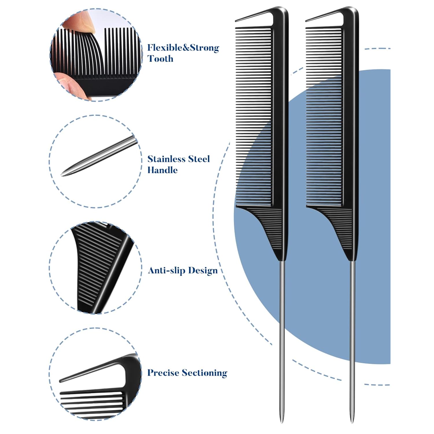 Morgles 70Pcs Metal Hair Styling Clips Set With Rat Tail Combs For Styling | No-Crease Alligator Clips In 3 Sizes, 2 Carbon Combs & Case, For Coloring, Braiding, Locs, & All Hair Types