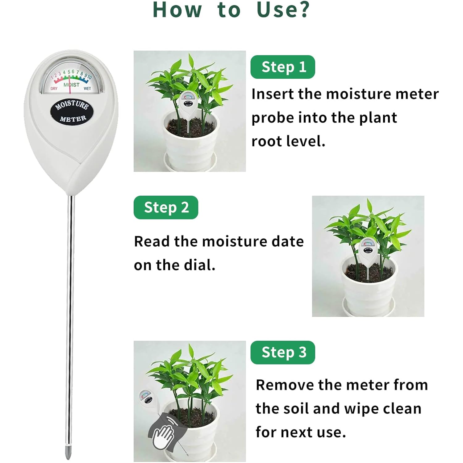 Censinda Soil Moisture Meter, Soil Moisture Monitor For House Plants, Soil Hygrometer Moisture Sensor For Indoor & Outdoor, Garden, Farm, Lawn Plant Care, No Battery Needed(White)