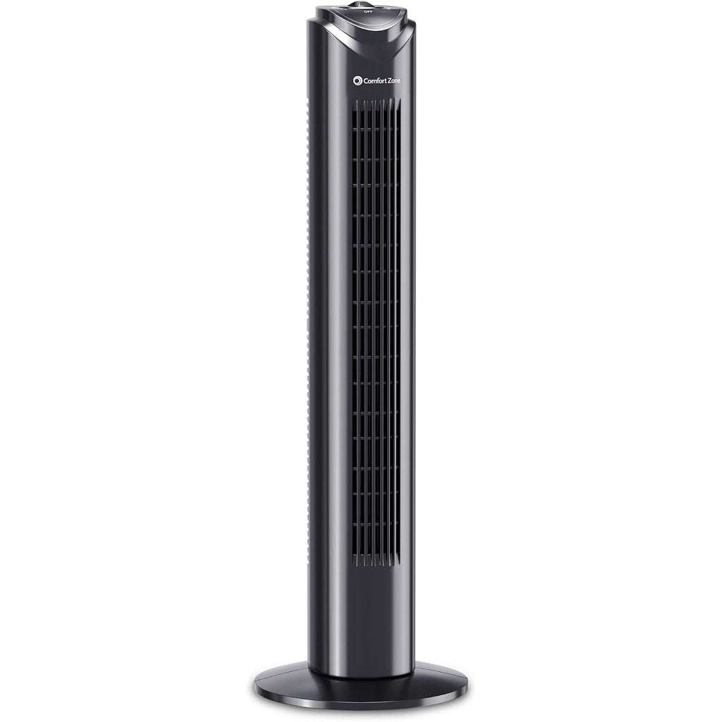 Comfort Zone 32-Inch Oscillating Tower Fan – Ultra-Slim Bladeless Design With 3 Speeds, 90° Wide Oscillation & Built-In Carry Handle – Quiet Portable Standing Fan For Bedroom, Home, Or Office, Black