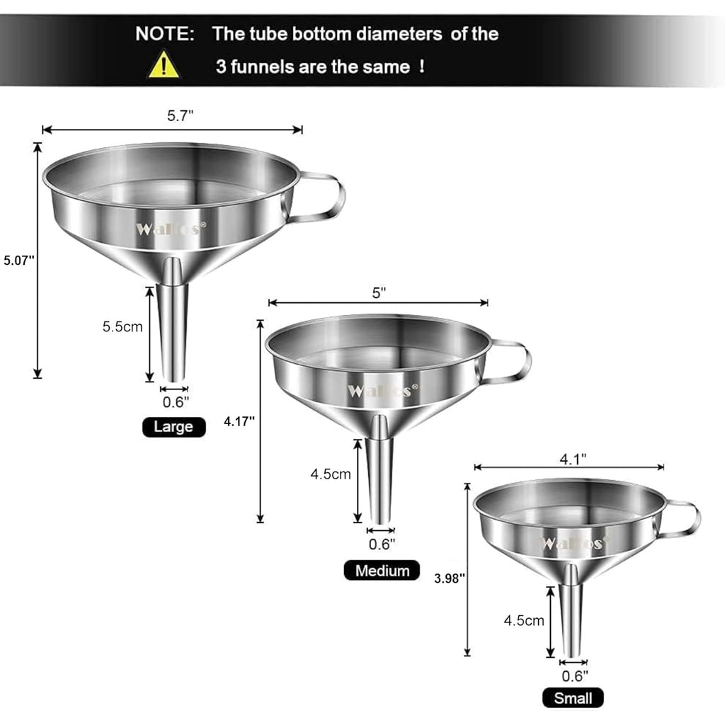 Stainless Steel Funnel, Walfos 3 Pack Kitchen Funnel With 2 Removable Strainer ＆ 1Pcs Cleaning Brush, Perfect For Transferring Of Liquid, Oils, Jam, Dry Ingredients & Powder