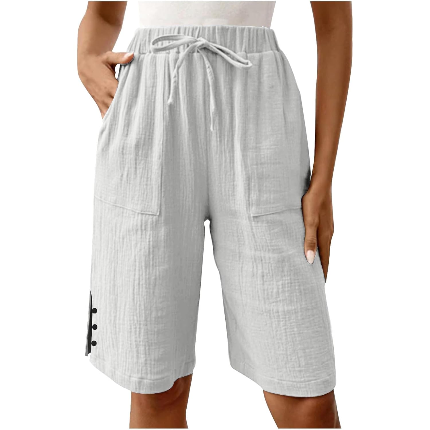 Womens Bermuda Shorts Summer Casual Wide Leg Knee Length High Waisted Cotton Long Shorts with Pockets Beach Outfits