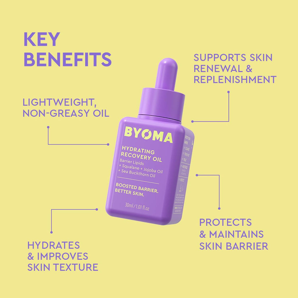 Byoma Hydrating Recovery Oil - Luxury Face Oil With Squalane, Jojoba Oil & Seabuckthorn Oil - Instant Radiant And Glowy Skin - Barrier Repair Facial Oil - 1.01 Fl. Oz