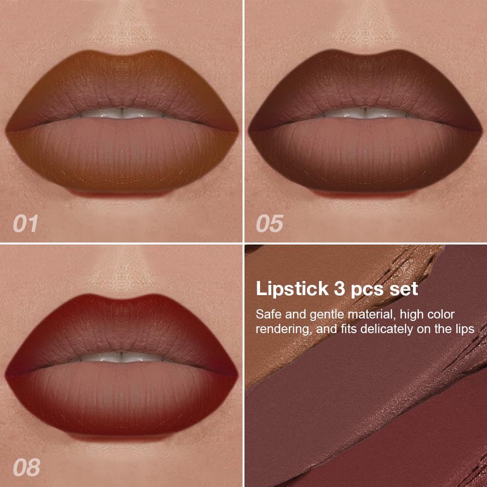 evpct 3Pcs Warm Brown Maroon Dark Wine Red Gradient Matte Lipstick Lip Liner Crayon Combo Pencil Set for Women Long Lasting, Cream Lip Liner and Lipstick Combo Makeup，Flawless Gradual Ombre Effect