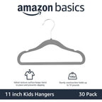 Amazon Basics Kids Velvet Non-Slip Space Saving Clothes Hangers With Shoulder Notches, Sturdy Closet Organizer For Baby/Toddler, 11.6", Gray, 30-Pack