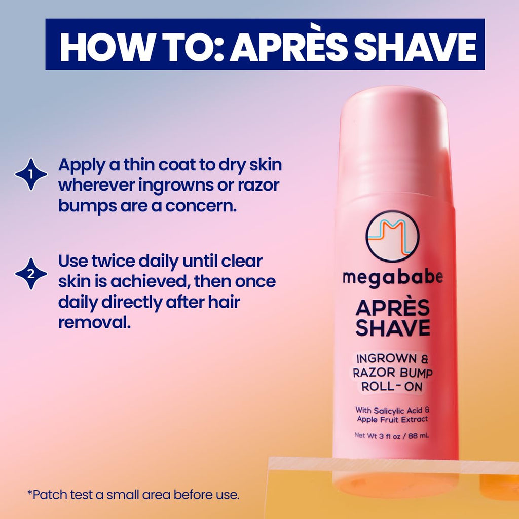 Megababe Après Shave (3.0 fl oz) | Post-Shave & Waxing | Vacation and Hot Weather Must-Have | Ingrown Hair & Razor Bump Roll-On Treatment for Women | Bikini, Armpits & Legs