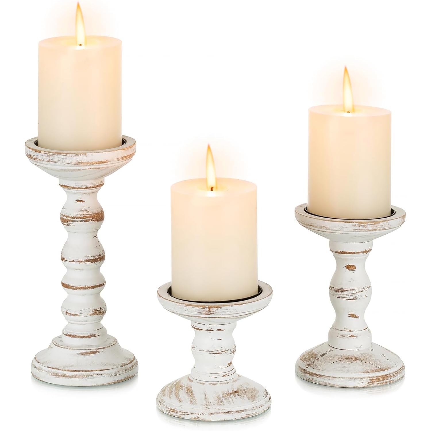 Candeldo Wood Candle Holders for Pillar: Rustic Candles Holder Set of 3 Tall Table Centerpiece Shabby Chic Decor Wooden White Farmhouse Decorations for Fireplace Mantle