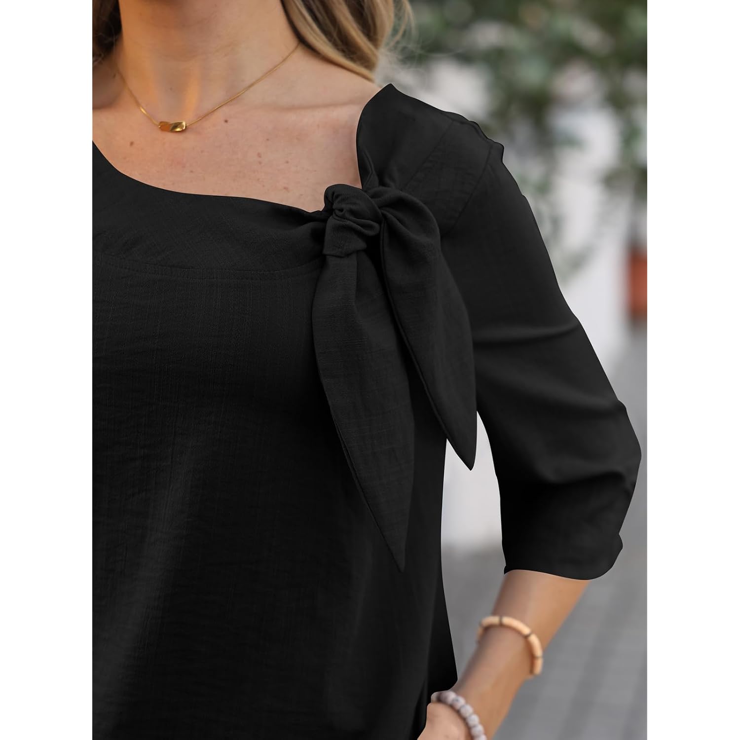 Summer Tunic Tops for Women 3/4 Sleeve Linen Blouse with Pockets & Bow Tie Neck Ladies Tops for Brunch Casual Wear